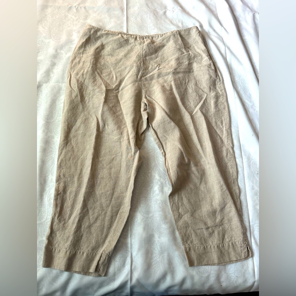 Eileen Fisher 100% Organic Linen Capri Pants Cream Size L Zip Casual Lounge